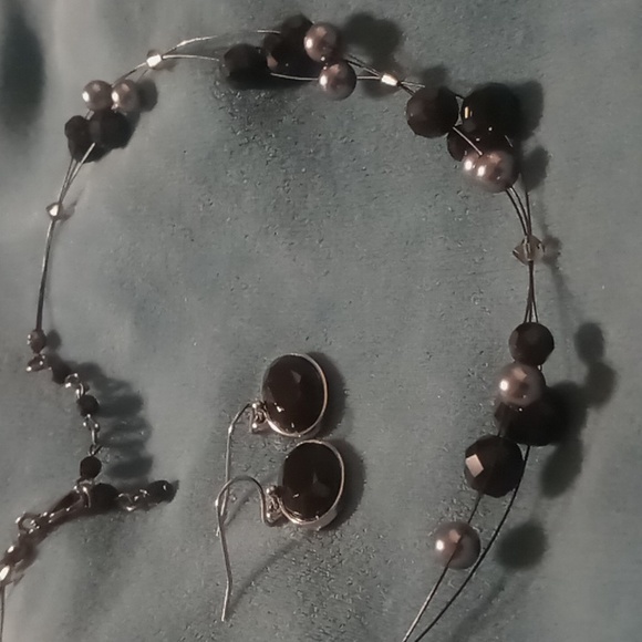 Necklace & earrings blackened cable collar necklace 18 inch glass beaded - Picture 2 of 5